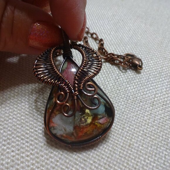 Rustic OYSTER TURQUOISE Handmade COPPER WIRE-WRAPPED PENDANT/Chain #361C - Picture 1 of 3
